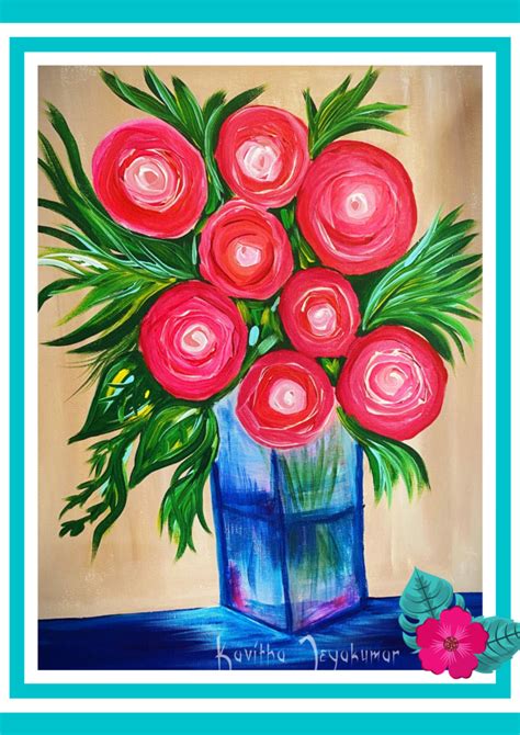 Easy Beginner Acrylic Painting Tutorial Pink Flowers In Glass Vase