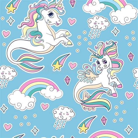 Blue Seamless Vector Pattern With Sea Unicorns And Magic Elements Stock