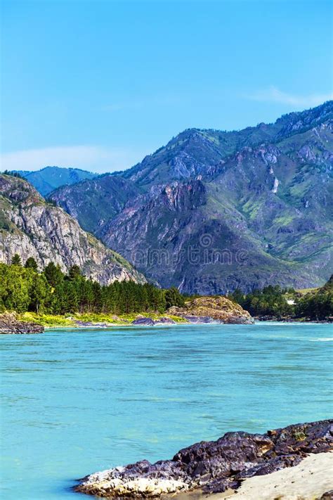 Landscape With Mountains And River Gorny Altai Siberia Russia Stock