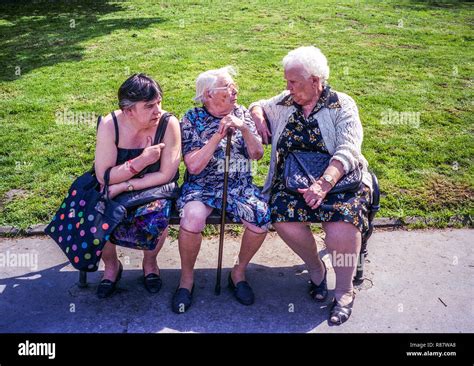 Three Elderly Women Bench Senior People On A Bench In A Park Stick