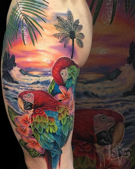 Macaw And Sunset Tattoo By Liz Venom From Bombshell Tattoo Galerie In