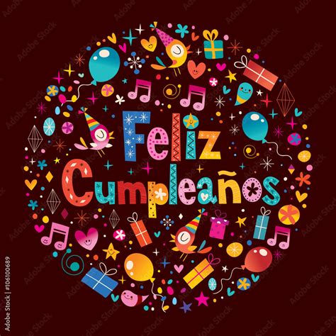 Feliz Cumpleanos Happy Birthday In Spanish Greeting Card With Circle Composition Stock Vector