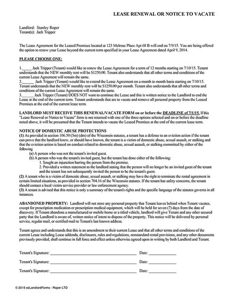 A lease renewal letter, sometimes called a lease renewal agreement, will notify your tenant that their lease is expiring soon and help you gauge a landlord may consider not renewing a lease if tenants are typically required to notify a landlord in writing that they do not wish to renew the lease. Wisconsin Lease Renewal OR Notice to Vacate | EZ Landlord ...