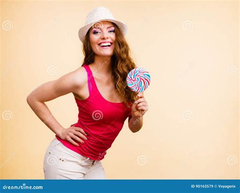 Woman Holds Colorful Lollipop Candy In Hand Stock Image Image Of Food