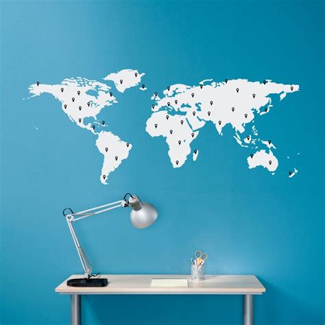 World Map Decal With 50 Marking Pins Geography Wall Art Etsy