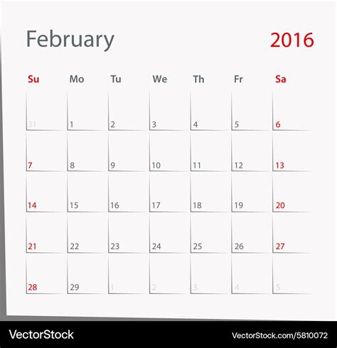 February 2016 Calendar Royalty Free Vector Image