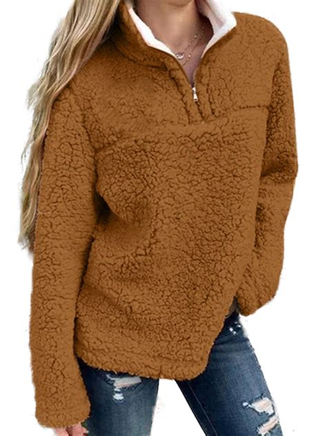 Lallc Womens Teddy Bear Tops Fleece Outerwear Fluffy Pullover