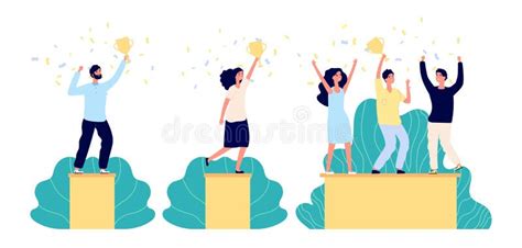 Business Winners Characters Person Holding Trophy Corporate Team And