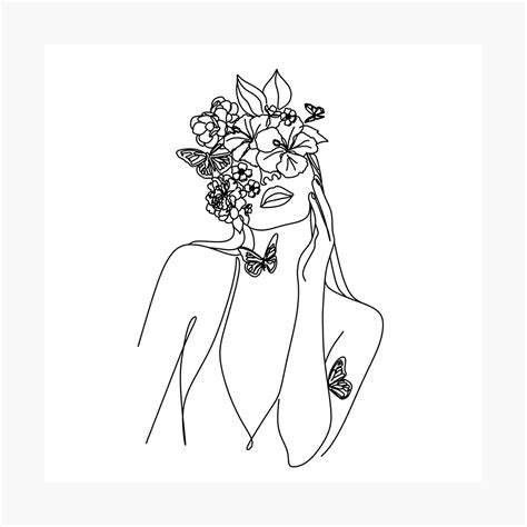 beautiful girl with hibiscus flower in her hair abstract face with flowers by line art drawing