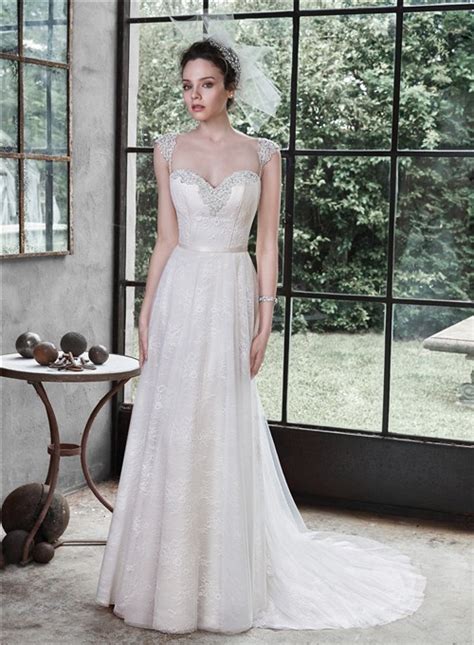 A Line Sweetheart Cap Sleeve Low Back Lace Beaded Wedding Dress