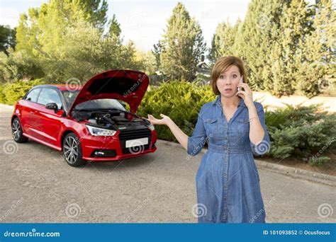 Desperate Confused Woman Stranded With Broken Car Engine Crash Accident