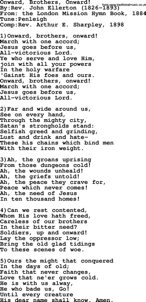 Methodist Hymn: Onward, Brothers, Onward! - lyrics with PDF