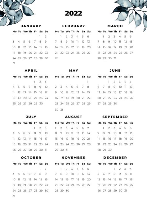 2022 Year At A Glance Calendar Printable One Page 12 Month Etsy Australia