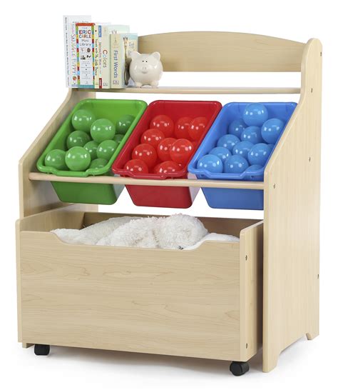 Tot Tutors Kids 3 Tier Storage Organizer With Rolling Toy Box Natural