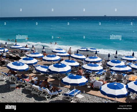 Beach Umbrellas Nice France Stock Photo Alamy