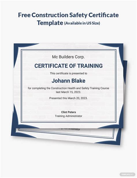 Construction Safety Training Certificate Template In Psd Illustrator