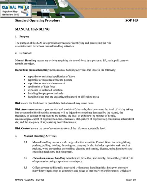 Standard Operating Procedure Sop 105 Manual Handling