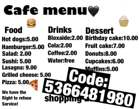Bloxburg Cafe Menu Decal Cafe Menu Bloxburg Decal Codes Cafe Sign
