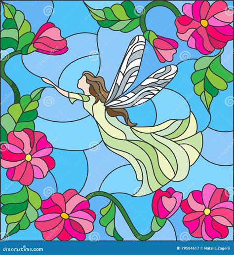 Stained Glass Illustration With A Winged Fairy In The Sky Flowers And