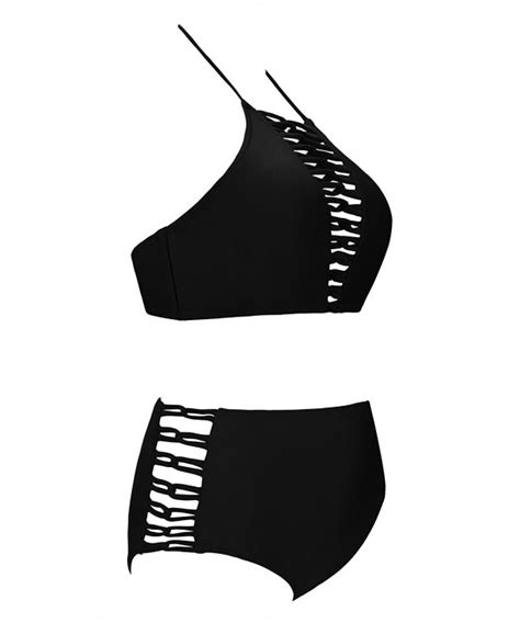 Womens Criss Cross Strappy Front Halter Sexy Bikini Set Black