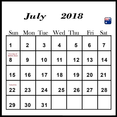 July 2018 Holiday Calendar For Australia 2018 Holiday Calendar