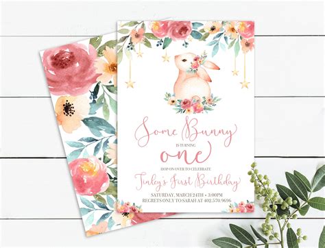 Bunny First Birthday Invitation Bunny Invitation Some Bunny Is One Watercolor Flow Bunny