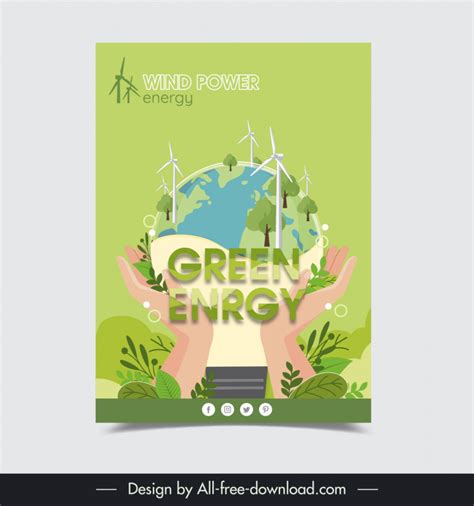 Wind Power Energy Poster Template Hand Holding Globe Leaves Vectors