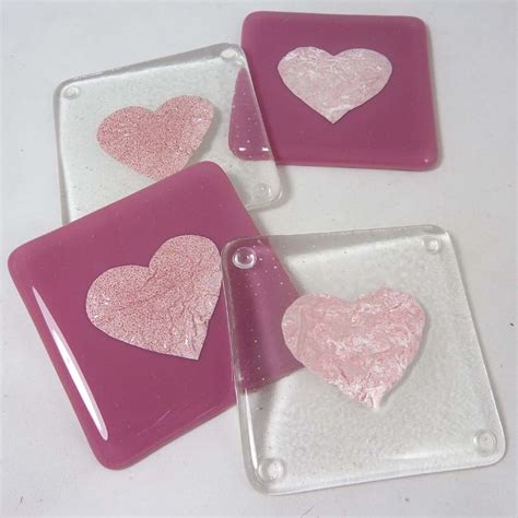 Fused Glass Coasters With Romantic Pink Valentine Hearts Etsy Valentine Fused Glass Fused