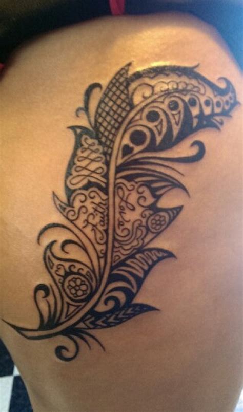 Wonderful Curled Gray Ink Feather Tattoo On Thigh Tattooimages