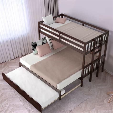 Costway Twin Over Twin Pull Out Bunk Bed With Trundle Wooden Ladder
