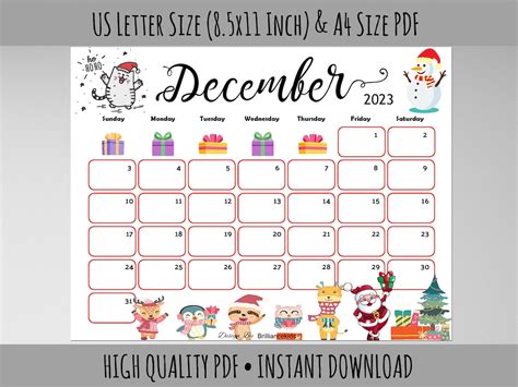 December Month Calendar 2023 Christmas Planner Printable Santa
