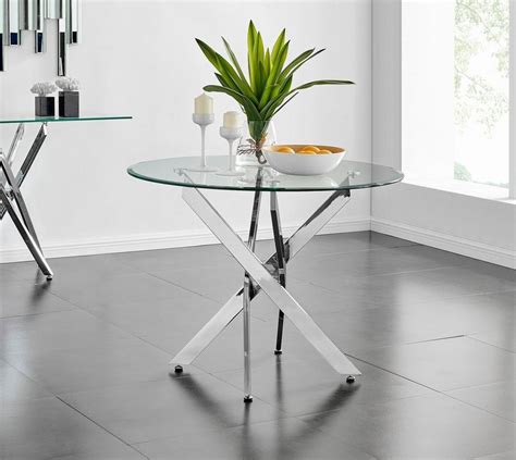 Dining Tables And Chairs Novara Clear Tempered Glass 100cm Round Dining Table With Chrome