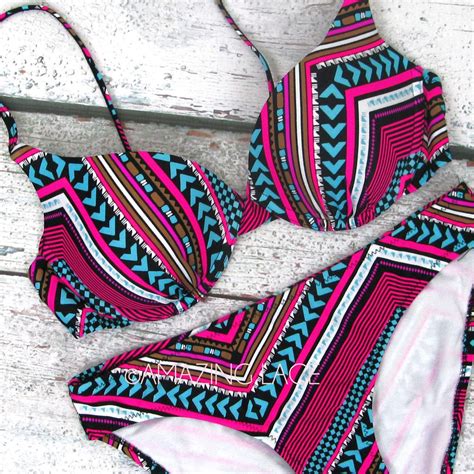 Salt Water Kisses Push Up Bikini Tribal Aztec Neon Pink Bikinis Cute