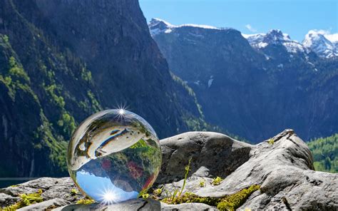 Download Wallpaper 3840x2400 Glass Ball Ball Reflection Mountains