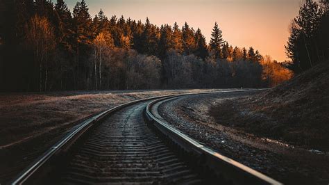 Railway Track Between Spring Autumn Green Trees Forest During Sunrise