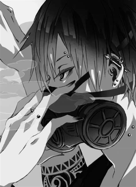 Punk Anime Boy Black And White Gas Mask Dark Bloody
