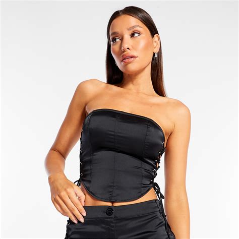 missguided co ord lace up satin corset top black