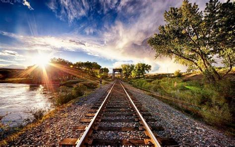 Nature Landscape Sunset Tracks Train Sun Rays Trees