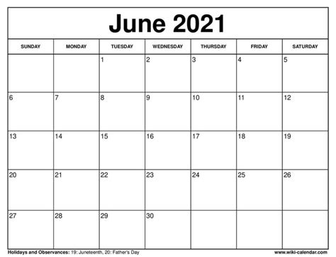 Free Printable June 2021 Calendars