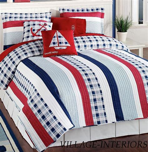 Check spelling or type a new query. 4pc Twin Quilt Set Nautical Red White Blue Stripe Cotton ...