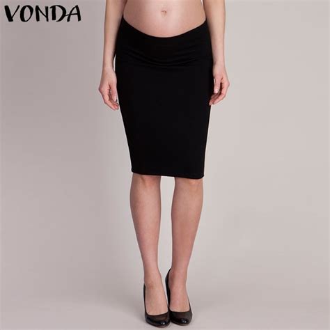 Vonda Maternity 2018 Summer Pregnant Women Skirts Sexy Casual Solid Pencil Knee Length Skirts