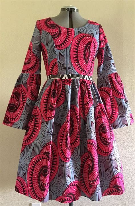 Lovely African Wax Print Dress Long Flared Sleeve Midi Length Etsy