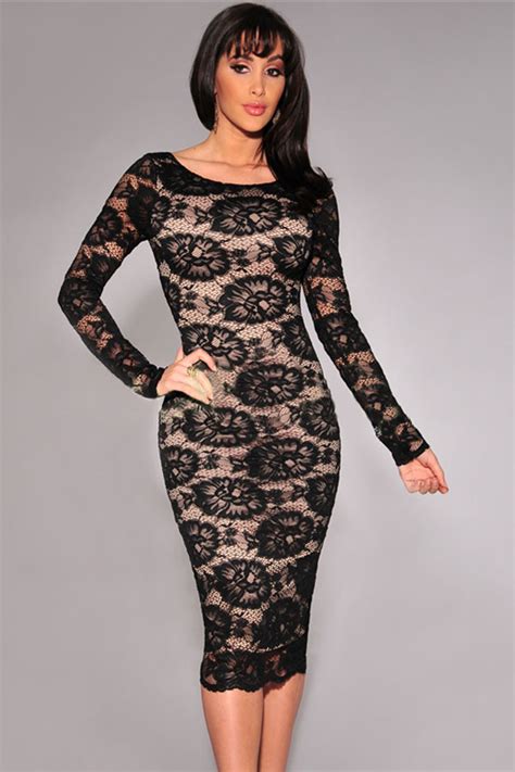 Cheap Fashion O Neck Long Sleeves Nude Illusion Black Floral Lace