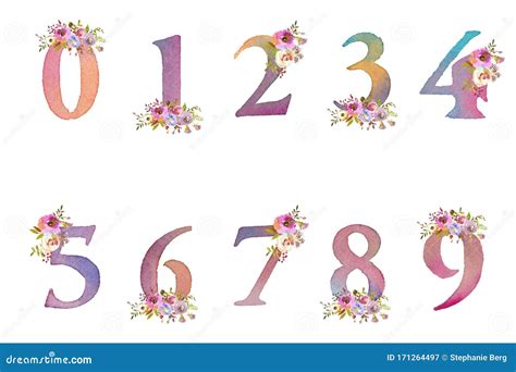 Pretty Soft Watercolor Painted Floral Numbers Stock Image Image Of