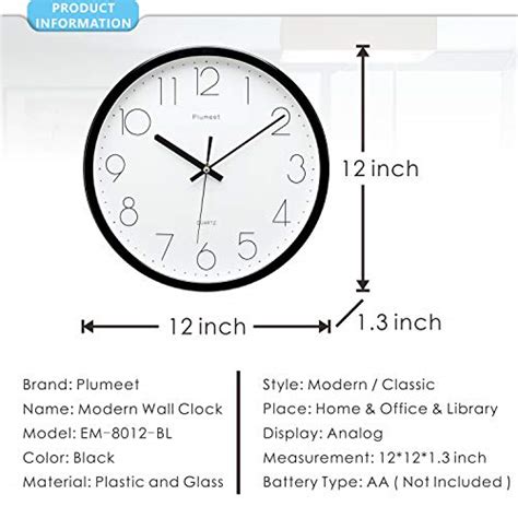 Plumeet Black Silent Wall Clocks Non Ticking Quartz Round Clock