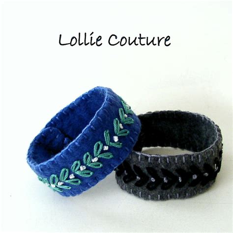 Felt Bracelet Cuff Hand Embroidered Blue Wool Felt Black Wool Felt With