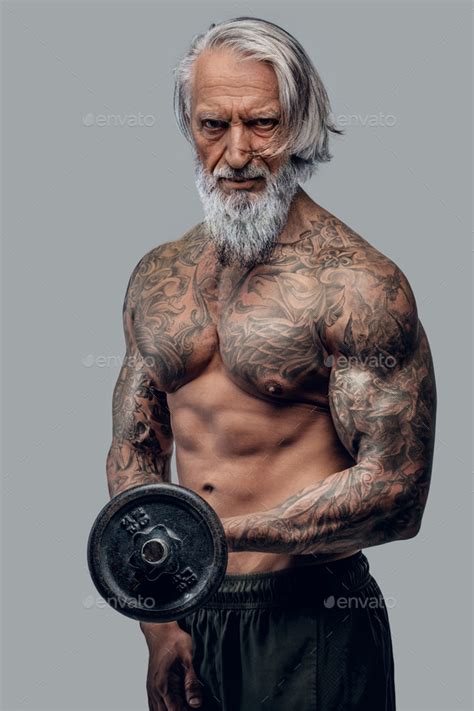 Naked Old Man Lifting Dumbell Against White Background Stock Photo By