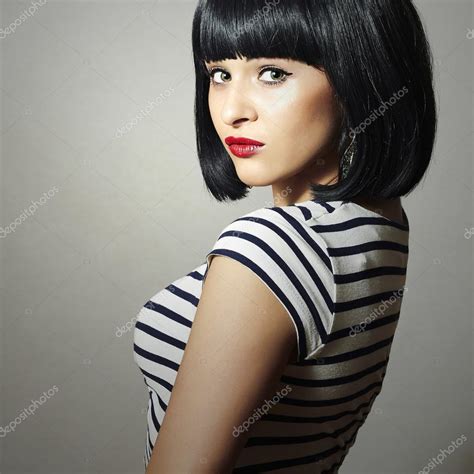 Beautiful Brunette Girl In Dress Black Hair Bob Haircut Red Lips