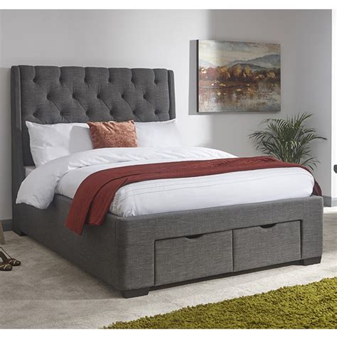 Kew Fabric Upholstered King Size Bed With Drawers In Grey Fif