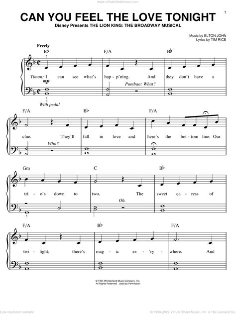 John Can You Feel The Love Tonight Easy Sheet Music For Piano Solo